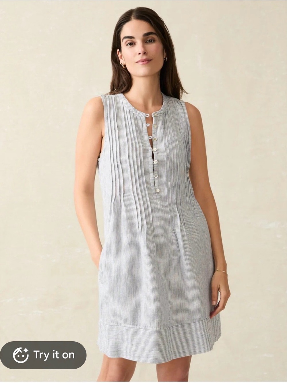 Faherty Isha Linen Swing Mini Dress Blue Stripe Basketweave Sleeveless Buttona